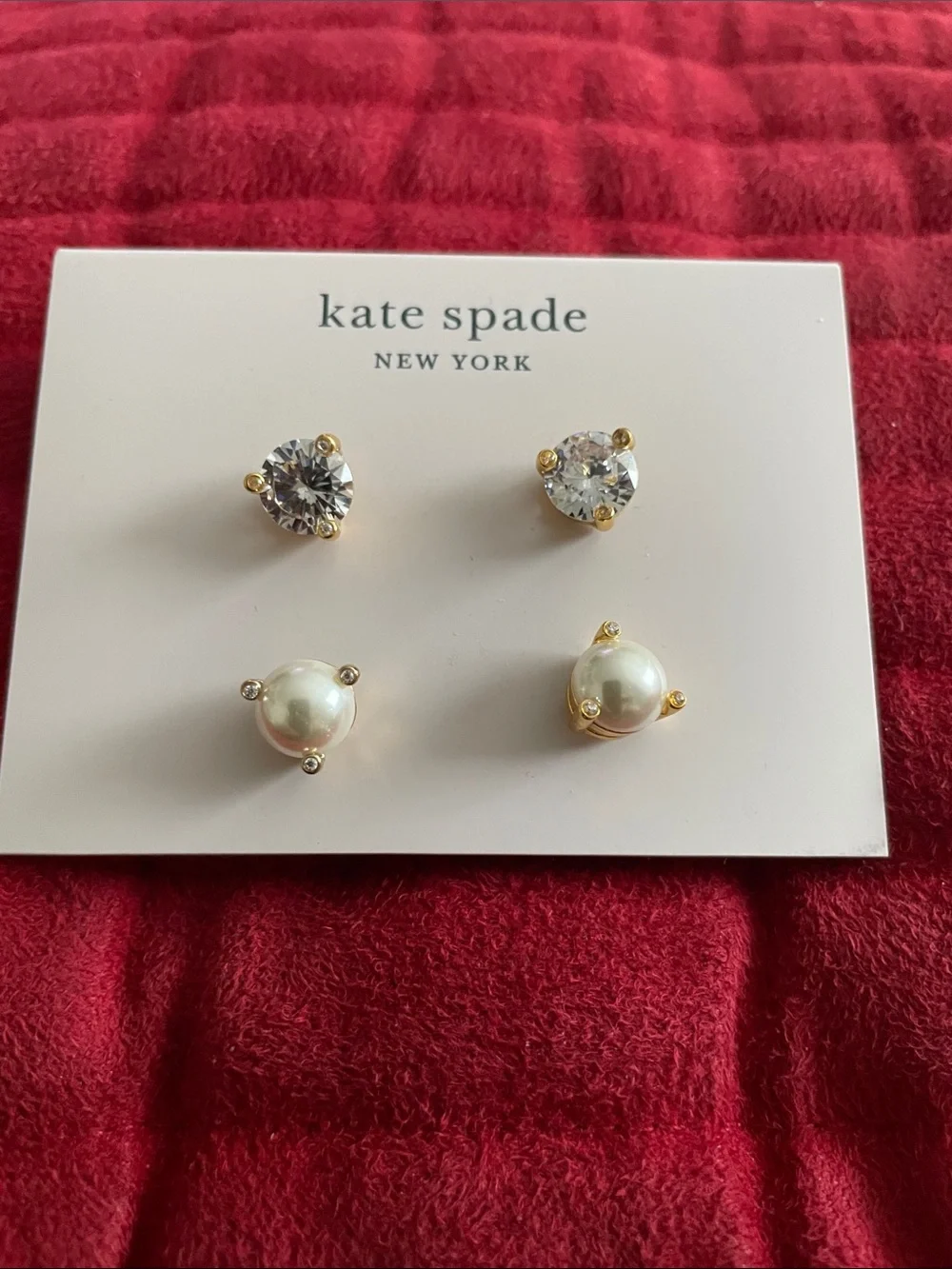 kate spade Gold Tone Pearl and Crystal Stud Earring Set NWT